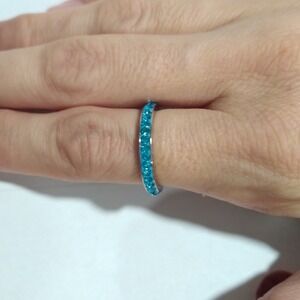 Eternity Band Ring Blue Rhinestone Silver Tone Stackable Women's Size 6